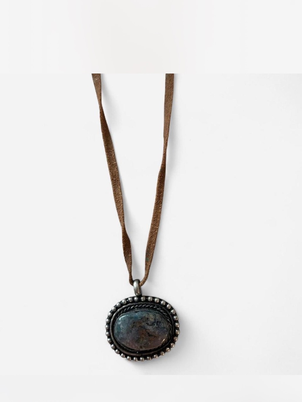 Brown Leather Cord Necklace with Dark Stone Pendant